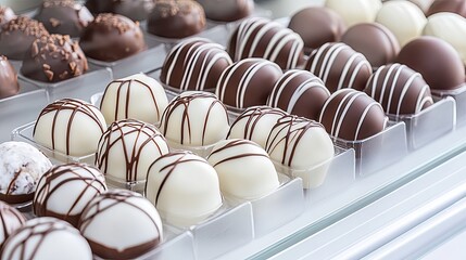 Chocolates in various styles are showcased on glass shelves in a luxurious confectionery, inviting customers to place their orders