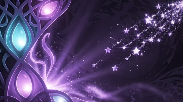 Magical swirling light and glowing gems emanate from a mystical ornate frame with shooting stars.