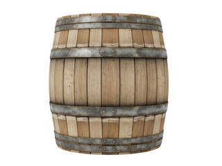 Obraz premium Rustic wooden barrel with metal hoops, standing upright against a isolated on white background