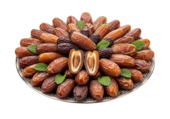 medjool dates on silver platter with mint leaves close-up