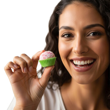A smiling woman holding a small dessert brigadeiro on transparent background