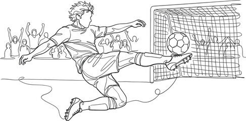 Fototapeta premium Vector illustration of a soccer player scoring a goal with a bicycle kick. Dynamic line art composition featuring cheering fans and a football net. Banner design for World Cup Soccer