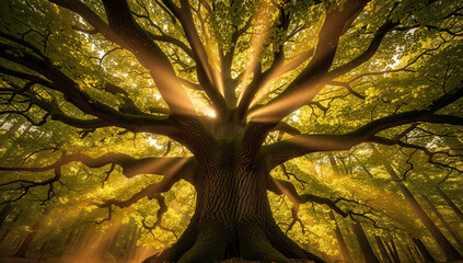 Majestic tree basking in sunlight amidst a serene forest  