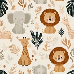 Fototapeta premium Seamless Safari Baby Animals Pattern Features Elephants, Giraffes, Lions, and Zebras Among Leaves in Warm Tones for Nursery Decor and Childrens Clothing