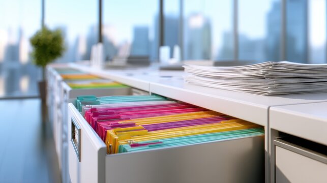 Organized office workspace with colorful file folders and stacked documents in modern city office