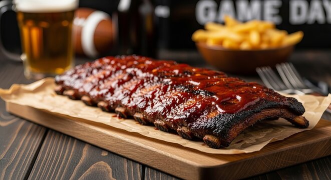 Delicious BBQ ribs served with beer and fries on a wooden table for a Game Day Food concept, an inviting and appetizing setup