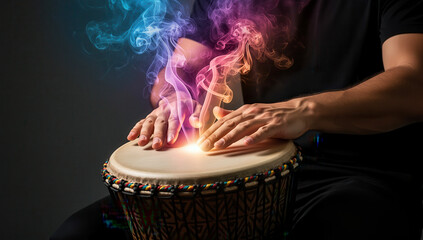 Hands playing a djembe drum creating colorful smoke effects  