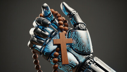 Robotic hand holding rosary beads and cross against dark backdrop  