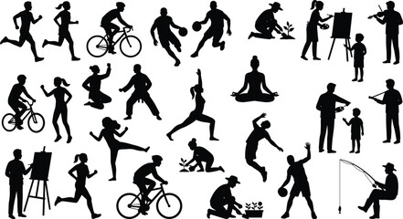 Fototapeta premium Large, collection, of, black, people, silhouettes, performing, various, activities, like, running, cycling, basketball, gardening, painting, yoga, fishing, isolated, on, white.