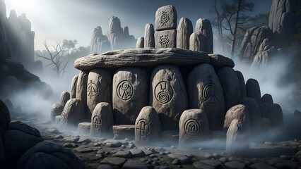 Ancient stone circle structure in misty landscape with carved symbols