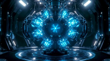 Futuristic glowing blue energy orb spinning inside massive metallic chamber with radiant light beams - Powered by Adobe