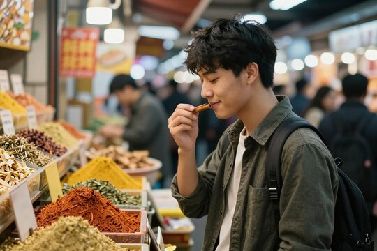 A man in a busy market closes his eyes, mindfully inhaling the scent of a cinnamon stick with a calm smile. Concept of sensory focus and finding calm through a single sense.