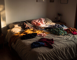 Messy bedroom featuring clothes strewn across the bed.