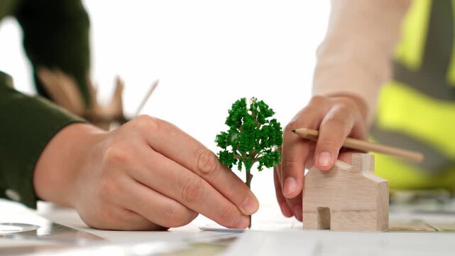 A video of architect using tree and home model to measure blueprint. Architect designing house construction on a table at studio, with architectural plan scattered around. Focus on hand. Delineation.