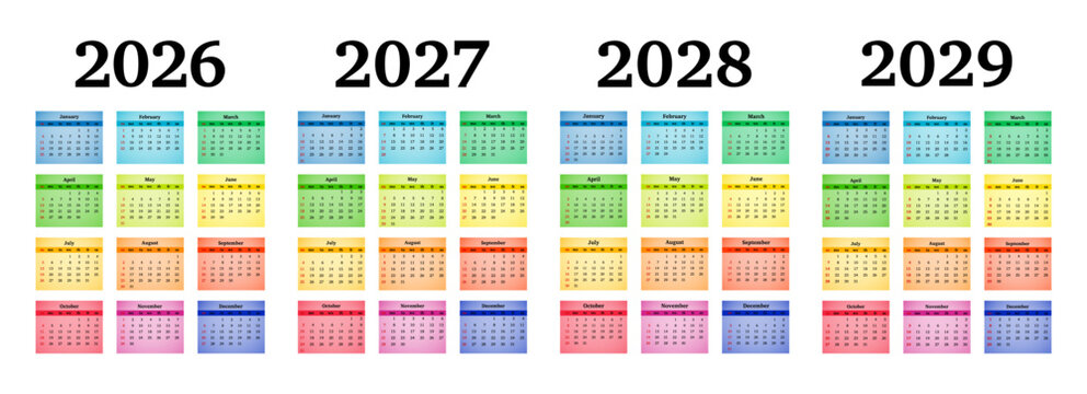 Set of calendars for 2026, 2027, 2028 and 2029 on a white background