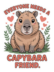 A cheerful cartoon capybara sits in the center, surrounded by heart symbols and foliage.