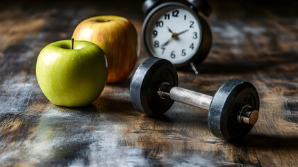 Healthy lifestyle choices with dumbbell and fresh apples