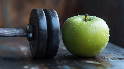 Healthy lifestyle choices with dumbbell and fresh green apple