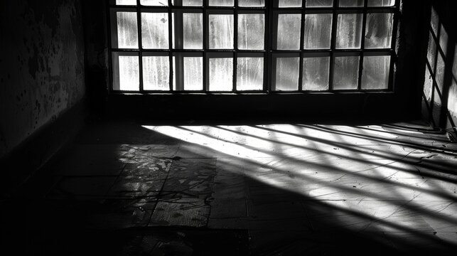 The sharp edges of the window shadows resemble a prison cell ping the light within. Black and white art