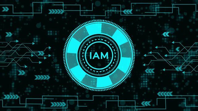Futuristic digital HUD interface with IAM writing on dark background. Abstract high-tech circuit background with bright cyan data elements. Motion graphic with arrows and technological circuit pattern