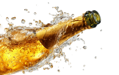 Dynamic champagne pour from bottle suspended in air symbolizing success happiness and festive enjoyment isolated on transparent background PNG