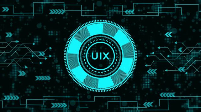 Futuristic digital HUD interface with UIX writing on dark background. Abstract high-tech circuit background with bright cyan data elements. Motion graphic with arrows and technological circuit pattern