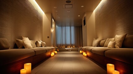 Soft ambient lighting gently illuminates a tranquil spa room creating an inviting atmosphere ideal for relaxation and peaceful meditation.