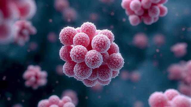 Pink spherical bacterial cluster floating in dark microscopic fluid with detailed fuzzy surface texture