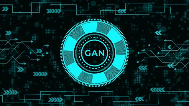 Futuristic digital HUD interface with GAN writing on dark background. Abstract high-tech circuit background with bright cyan data elements. Motion graphic with arrows and technological circuit pattern