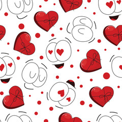 Repeating Valentine pattern featuring cartoon eyes in hearts, ribboned heart gifts, happy mouth emojis, polka dot accents, infinite white tile ideal for textile, wallpaper, scrapbook paper