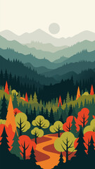 Autumn forest path vector illustration, a serene mountain landscape with vibrant trees and winding road, perfect for nature and travel themes © PDWN Creative