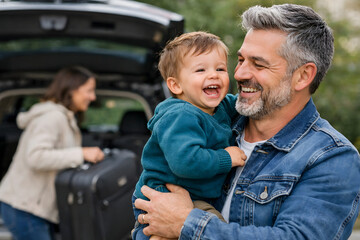 A heartwarming lifestyle photograph of a smiling father carrying a laughing toddler as a woman loads a suitcase into a car trunk.
