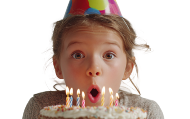 Happy child celebrating birthday by blowing candles on a cake representing fun, wishes, and happiness isolated on transparent background PNG