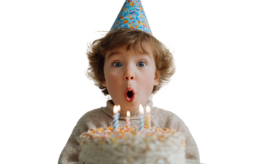 Excited child celebrating birthday with cake and lit candles expressing festive energy and joyful memories isolated on transparent background PNG