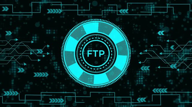 Futuristic digital HUD interface with FTP writing on dark background. Abstract high-tech circuit background with bright cyan data elements. Motion graphic with arrows and technological circuit pattern