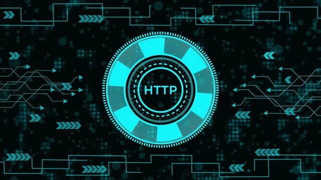 Futuristic digital HUD interface with HTTP writing on dark background. Abstract high-tech circuit background with bright  data elements. Motion graphic with arrows and technological circuit pattern