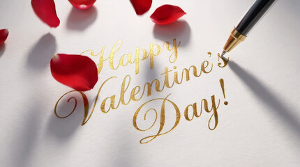golden happy valentine's day inscription on paper with roses