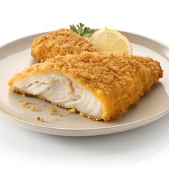 Crispy Golden Breaded Fish Fillet Isolated on White Background, Premium Food Photography