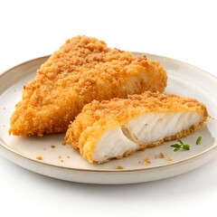 Crispy Golden Breaded Fish Fillet Isolated on White Background, Premium Food Photography