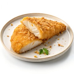Crispy Golden Breaded Fish Fillet Isolated on White Background, Premium Food Photography