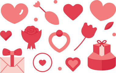 A collection of flat design icons representing love, romance, and valentine's day themes