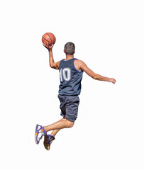 Basketball player dunking with one hand seen from behind on white background © Gabriele Maltinti