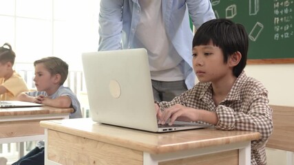 Caucasian teacher helping asian student coding engineering prompt while diverse student using software generated AI. Smart happy attractive children sitting and programing system. Education. Pedagogy. - Powered by Adobe