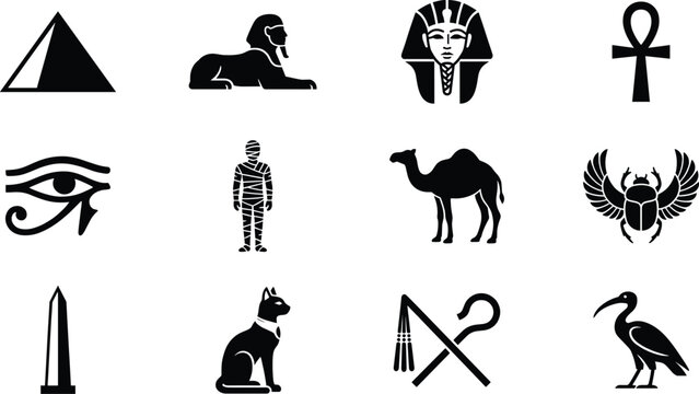 Ancient Egypt Symbols Silhouette Vector Icon Set, pyramid, pharaoh, ankh, eye of Horus and hieroglyphic design