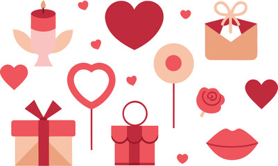 A flat lay collection of love and valentine's day icons on a white background