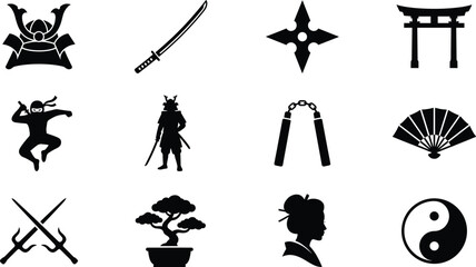 Samurai, Ninja and Japan Symbols Silhouette Vector Icon Set, katana, torii gate, bonsai and yin yang design © ArtMint