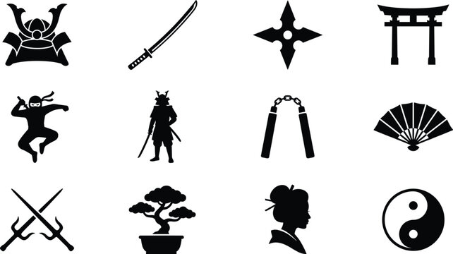 Samurai, Ninja and Japan Symbols Silhouette Vector Icon Set, katana, torii gate, bonsai and yin yang design
