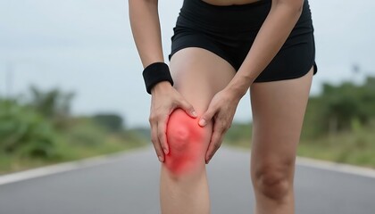 Sports Knee Injury &ndash; Athlete Holding Painful Knee Highlighted in Red with Outdoor Fitness Background