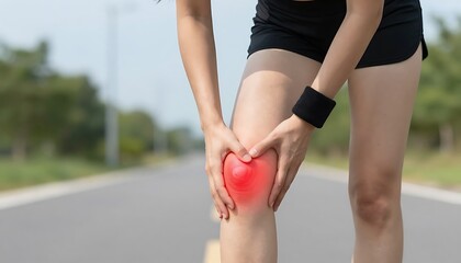 Sports Knee Injury &ndash; Athlete Holding Painful Knee Highlighted in Red with Outdoor Fitness Background