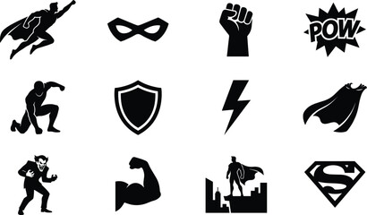 Superhero Comics Silhouette Vector Icon Set, hero emblem, mask, fist, cape and city action design © ArtMint